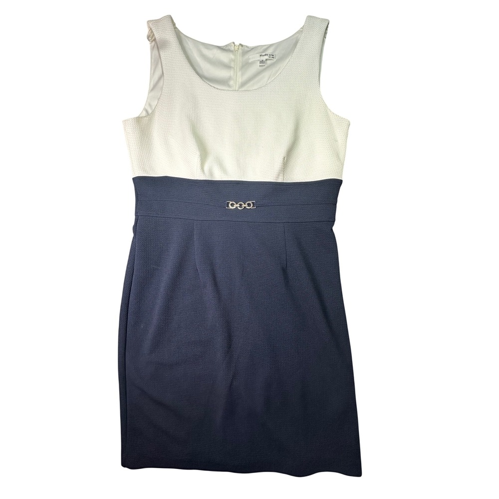 Studio One Sheath Dress Colorblock Textured Navy White Chain Waist Sz 12 Office